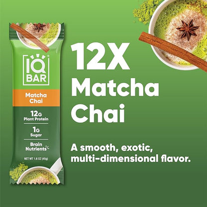 IQBAR Brain and Body Plant Protein Bars - Matcha Chai - 12-Count Low Carb - Gluten Free, High