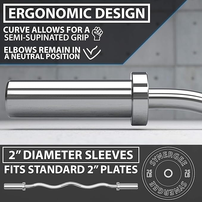 Synergee Commercial EZ Curl Olympic Bar Chrome & Black Phosphate with Powder Coated Brass Bushings