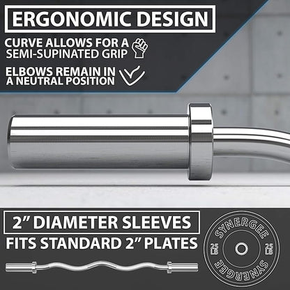 Synergee Commercial EZ Curl Olympic Bar Chrome & Black Phosphate with Powder Coated Brass Bushings