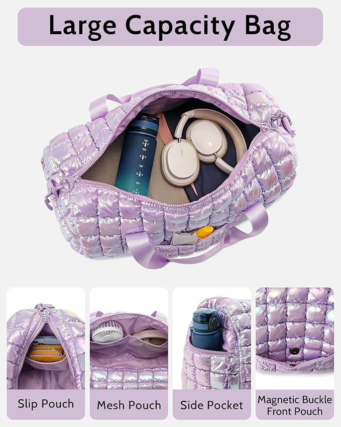Quilted Duffel Bag for Women, Puffer Gym Duffle Bag with Shoe Compartment Lightweight Large