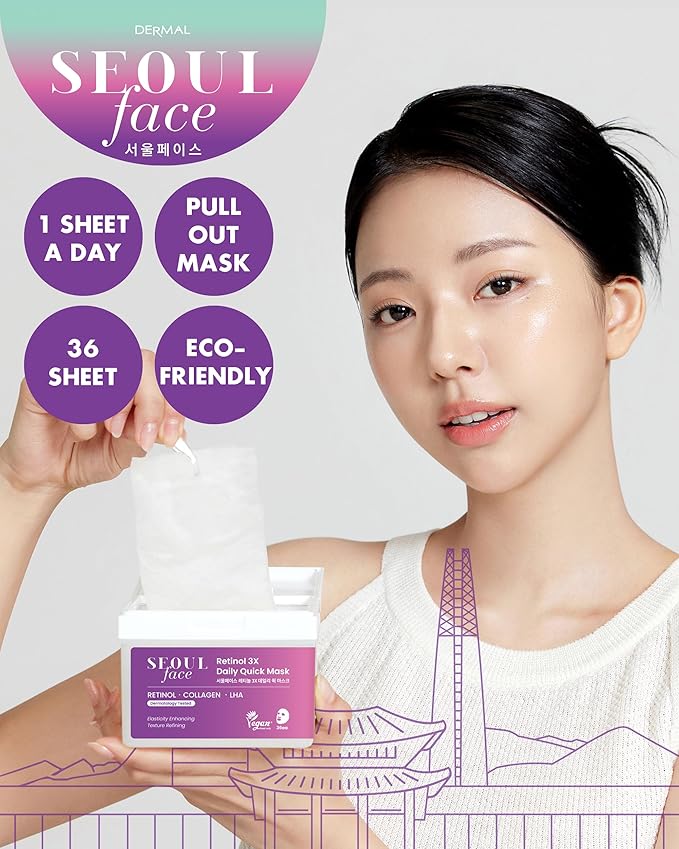 DERMAL Seoul Face Retinol 3X Daily Quick Mask 36 Sheet ??Korean Skincare Vegan Tencel Facial Masks