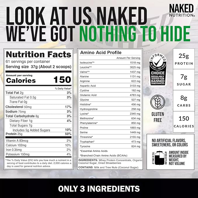 NAKED Strawberry Whey Protein - All Natural Grass Fed Whey Protein Powder + Dried Strawberries +