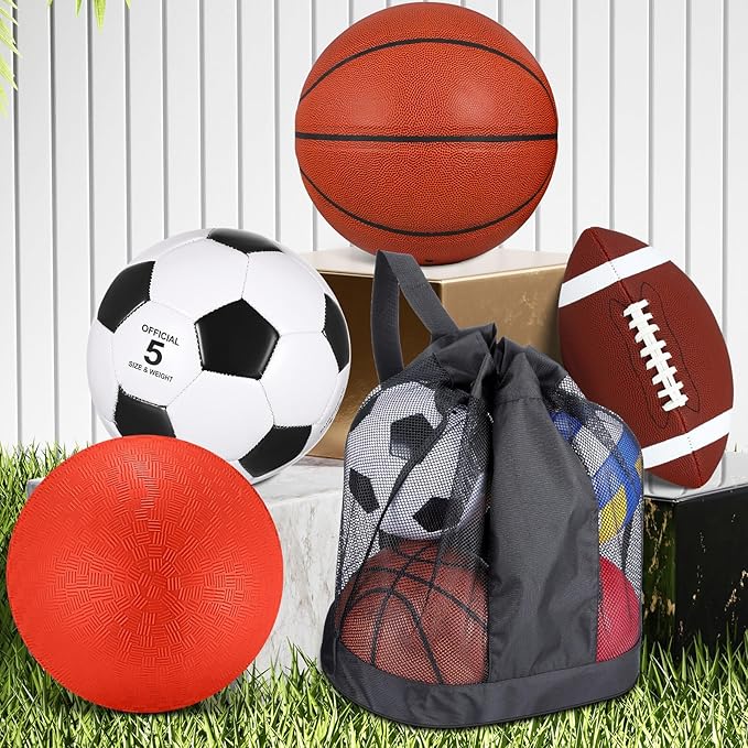 Lenwen 4 Pcs Sports Balls Set, Include Official Size Basketball Soccer Football Playground Ball