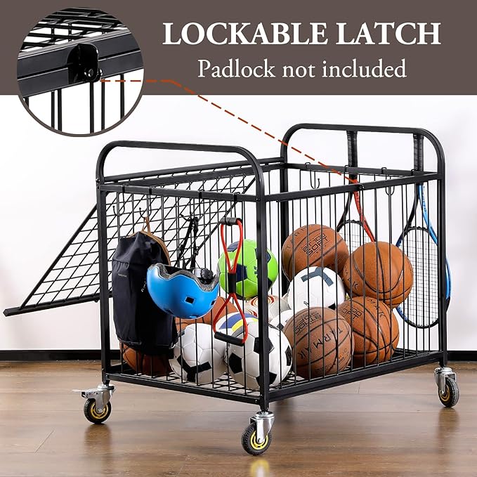 MyGift Large Capacity Metal Rolling Multi Sports Ball Cage Storage Hopper, Gym Equipment Basket