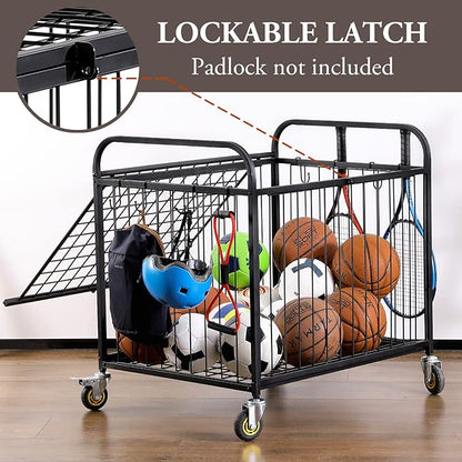 MyGift Large Capacity Metal Rolling Multi Sports Ball Cage Storage Hopper, Gym Equipment Basket