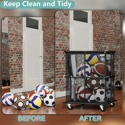 smusei Ball Storage Bin Rolling Sports Ball Storage Cart Garage Sports Equipment Organizer Rack
