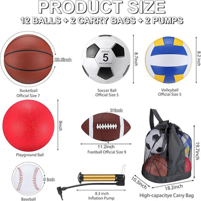 Deekin 12 Pcs Assorted Sport Ball Set Official Size Basketball, Football, Volleyball, Soccer