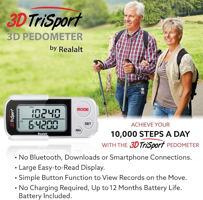 3DTriSport Walking 3D Pedometer with Clip & Strap, eBook Included | 30 Days Memory, Accurate Step