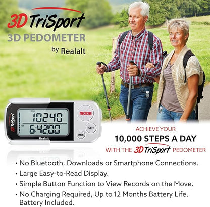 3DTriSport Walking 3D Pedometer with Clip & Strap, eBook Included | 30 Days Memory, Accurate Step
