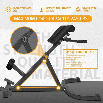 Roman Chair Back Extender - Angle & Height Dual Adjustable Hyperextension Bench for Home Gym