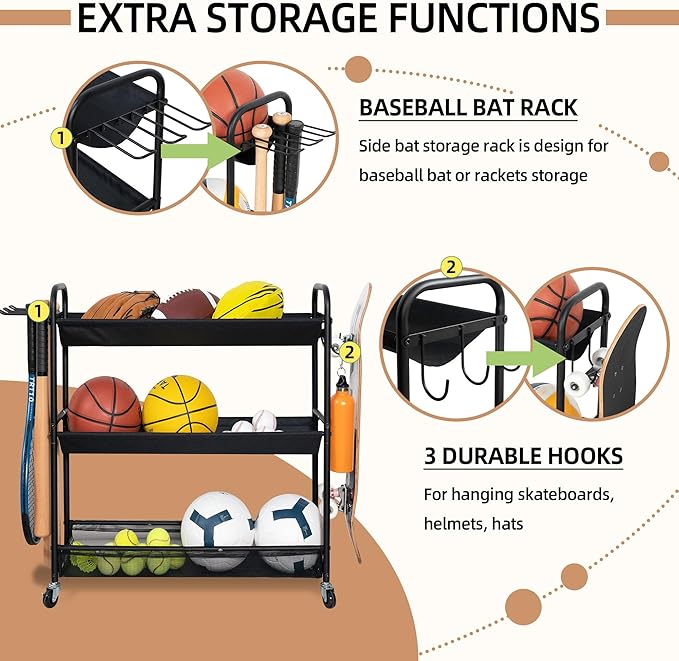 STORAGE MANIAC Basketball Rack 3-Shelf Training Stand Ball Holder Sports Ball Cart Garage Organizer