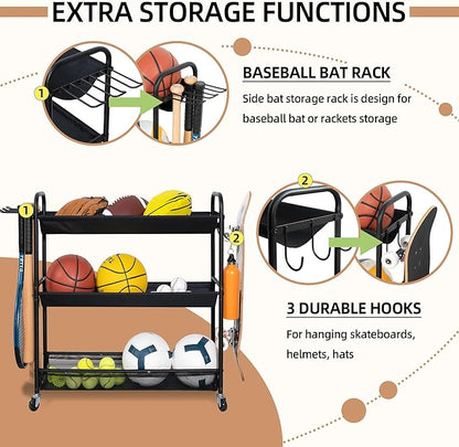 STORAGE MANIAC Basketball Rack 3-Shelf Training Stand Ball Holder Sports Ball Cart Garage Organizer