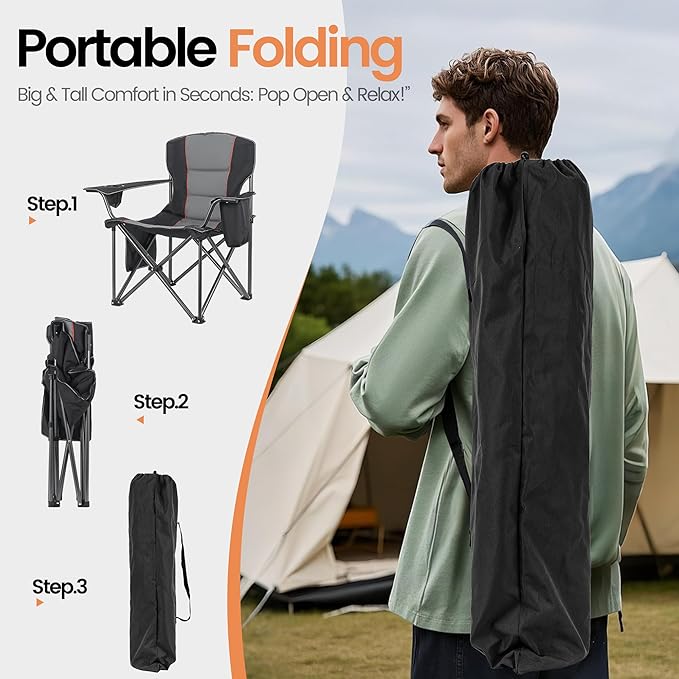 2 Pack Heavy Duty Oversized Camping Chair for Adults 400lbs w/Lumbar Support - Folding Chairs with