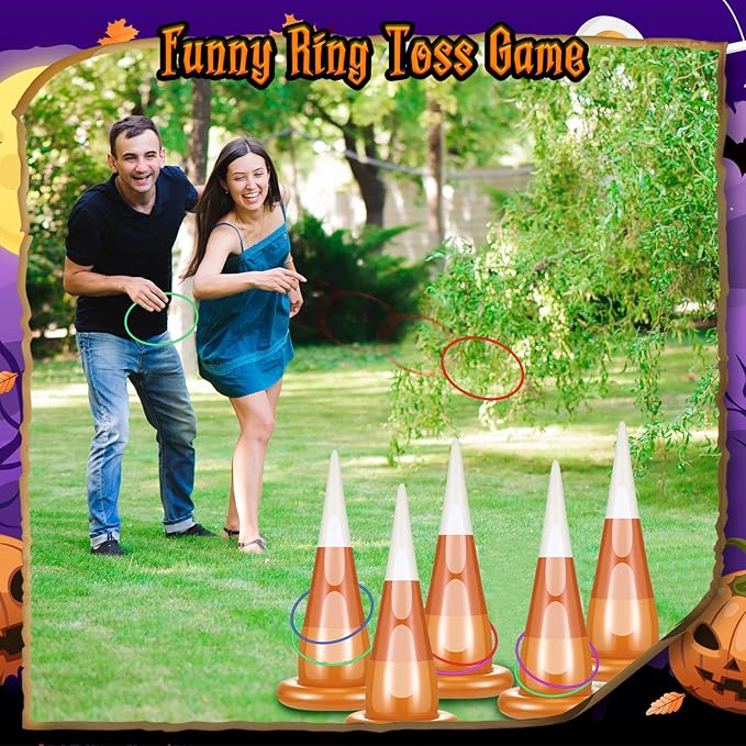 16 Pcs Halloween Inflatable Ring Toss Games Kit Candy Corn Ring Toss Game with Air Pump for