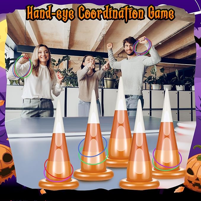 16 Pcs Halloween Inflatable Ring Toss Games Kit Candy Corn Ring Toss Game with Air Pump for