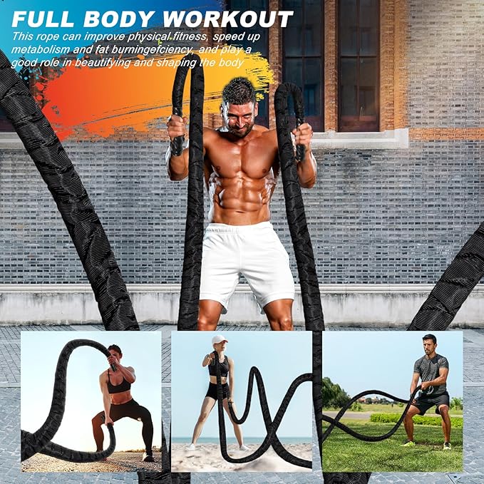 Battle Rope Workout Equipment 1.5 Inch Diameter 30FT Exercise Heavy Weighted Diameter Battle Rope