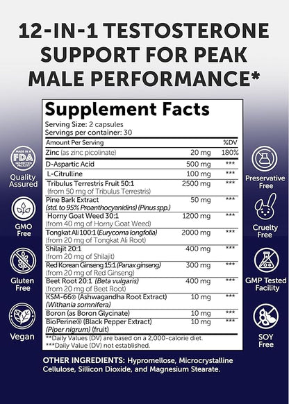 Lunakai USA Made Natural Testosterone Booster for Men with Tongkat Ali, Ashwagandha & Shilajit