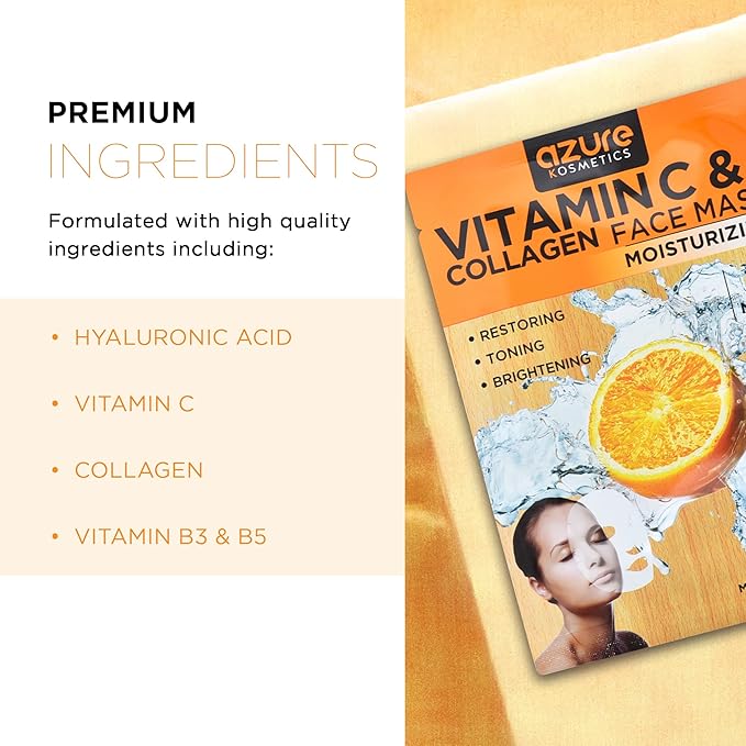 Azure Cosmetics Vitamin C & Collagen Face Mask - Dermatologist Tested, Anti Aging, Hydrating &