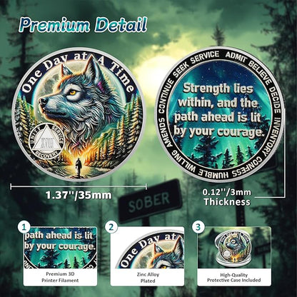 One Day at a Time 18 Year Sobriety Coin - Recovery Aurora Forest Wolf AA Coins - Addiction NA AA