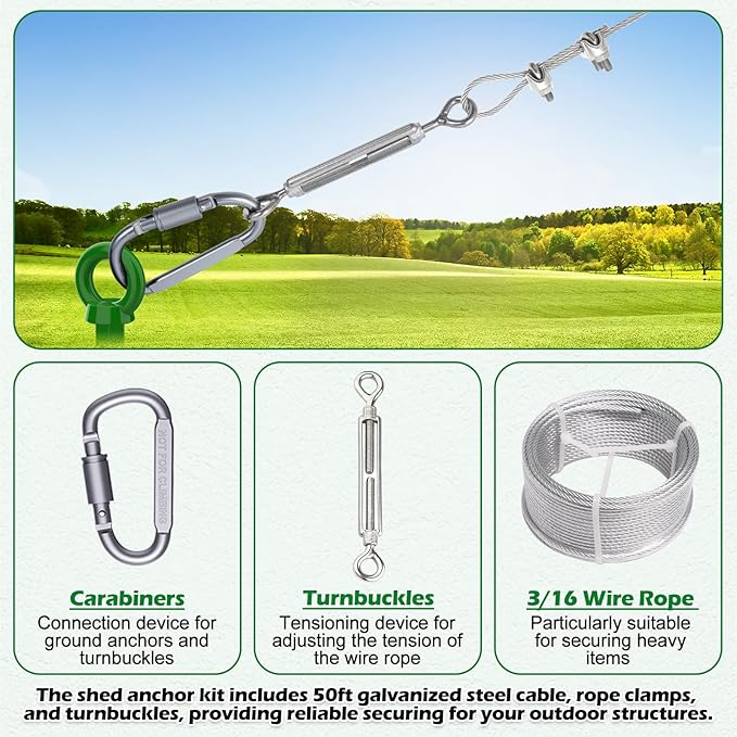 4 Pcs 18" Fully Welded Ground Anchors Shed Anchors Kit with 1/8" Galvanized Cable & Turnbuckles &