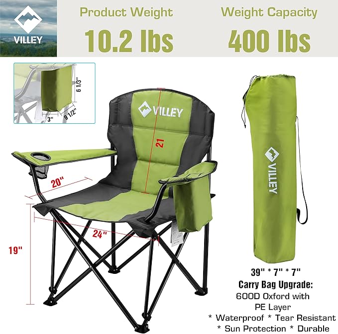 VILLEY Camping Chair, Oversized Folding Camp Chair, Portable Outdoor Chairs Support 400 LBS with