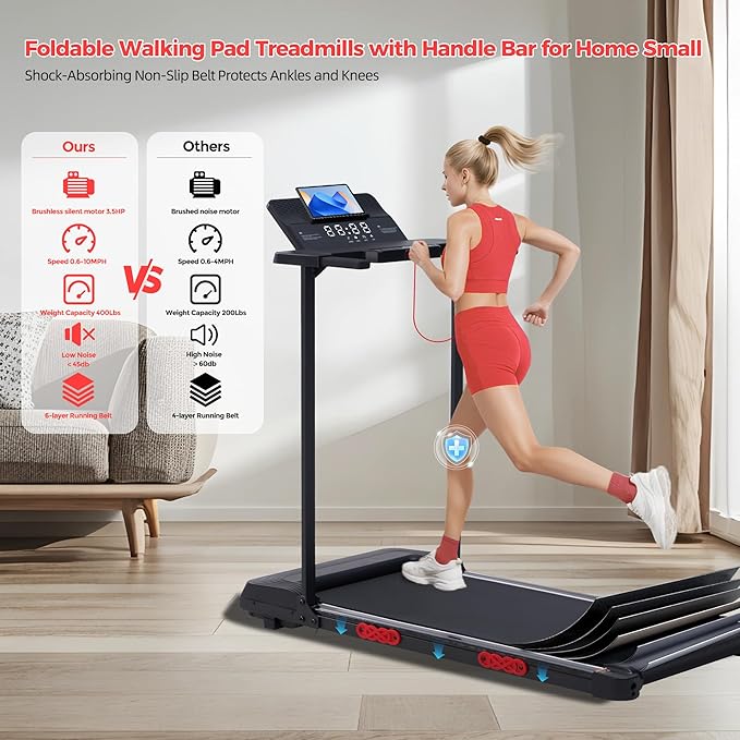 Electric Walking Pad with Handle Bar, 0.6-10MPH Portable Walkingp Pads Treadmills with Handles for