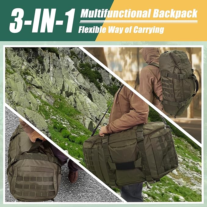 65L Large Travel Gym Duffle Bag with Tensile Strength Pom Buckle Military Tactical Backpack, Army
