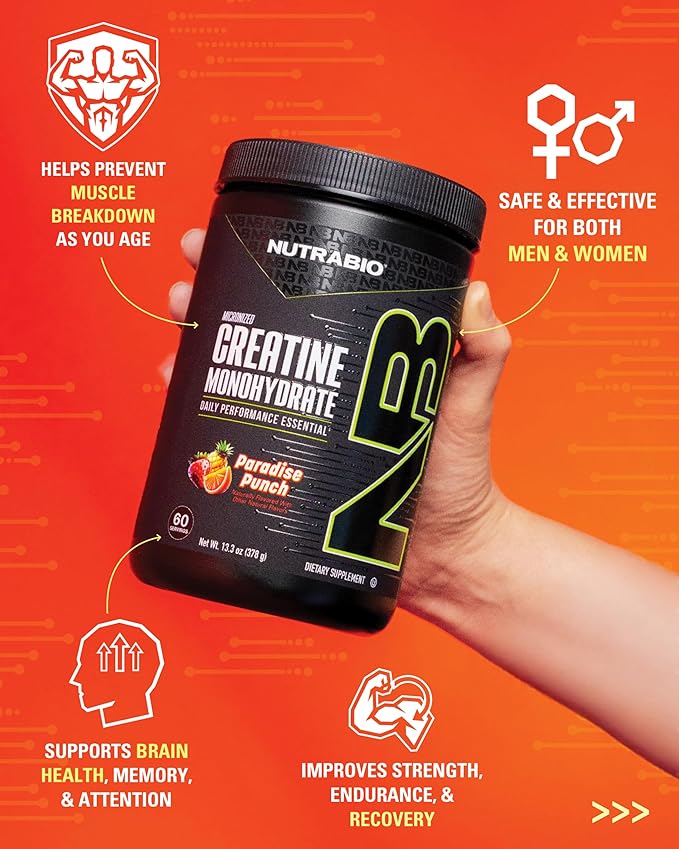 NutraBio Pure Micronized Creatine Monohydrate Powder Supplement,Paradise Punch