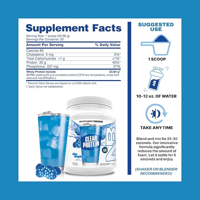 NutraBio Clear Protein Powder, Blue Raspberry - 20 Servings, 20g Clear Whey Protein Isolate, 0