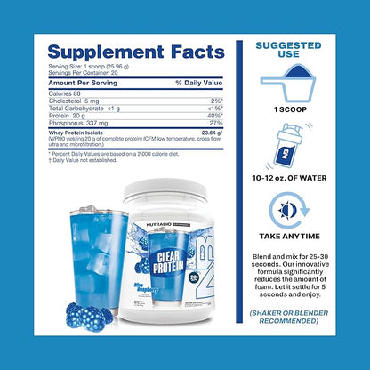 NutraBio Clear Protein Powder, Blue Raspberry - 20 Servings, 20g Clear Whey Protein Isolate, 0