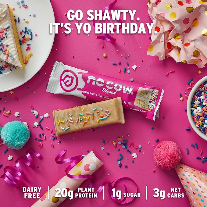 No Cow Vegan Protein Bars, Upgraded Birthday Cake | 20g Plant Based Protein, Gluten Free, Dairy