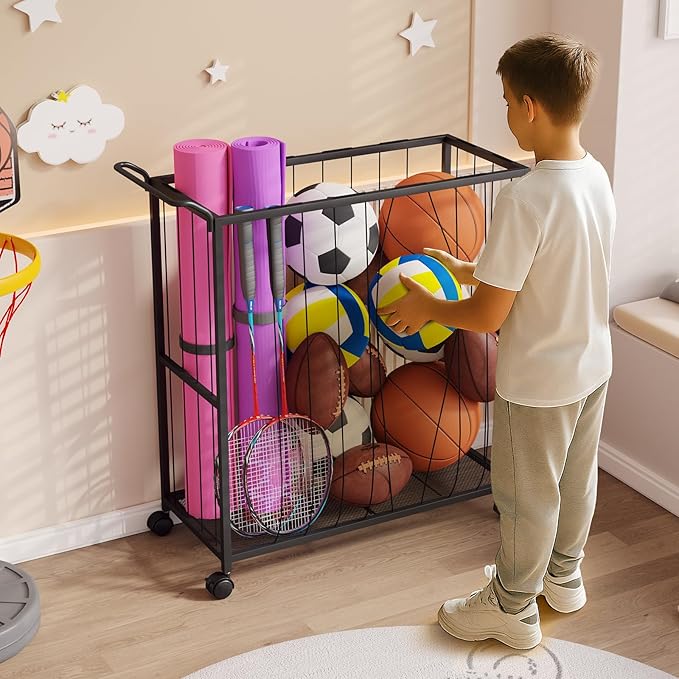 Ball Storage Bin Rolling Sports Ball Cart, Metal Garage Organizer Sport Rack, Ball Basket Storage