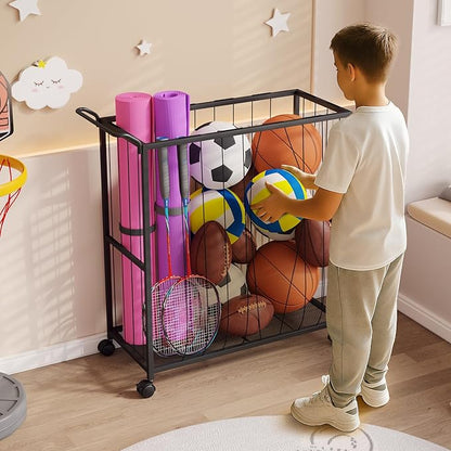 Ball Storage Bin Rolling Sports Ball Cart, Metal Garage Organizer Sport Rack, Ball Basket Storage