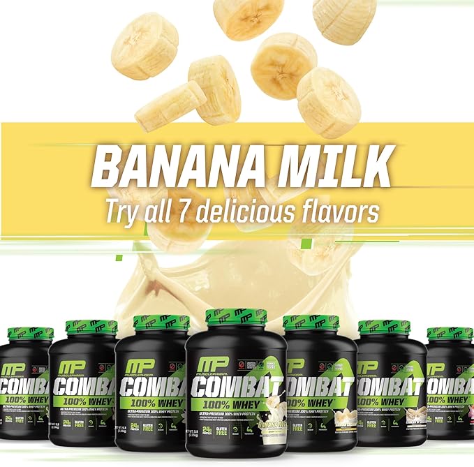 MusclePharm Combat 100% Whey Protein Powder, Banana Milk Flavor, Fast Recovery & Muscle Gain with