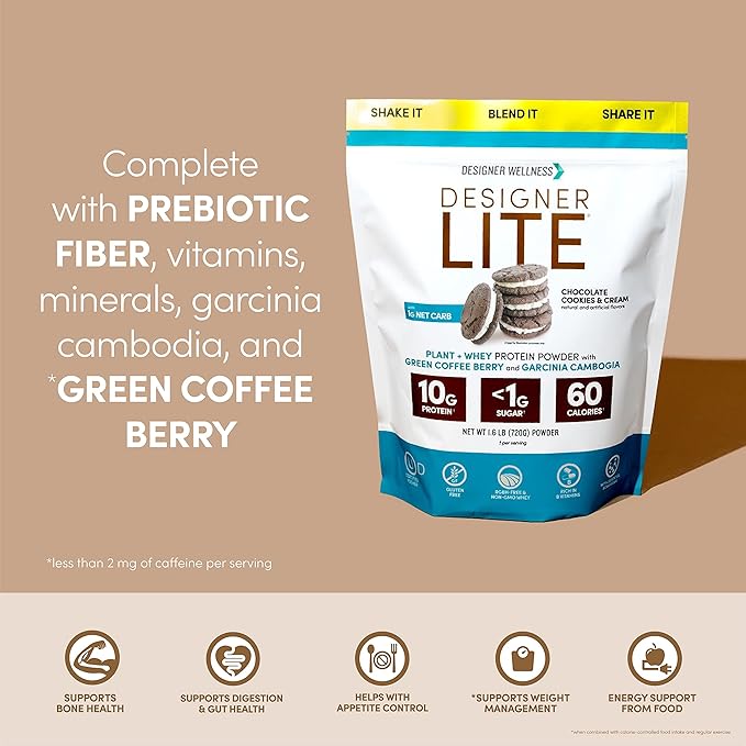 Designer Wellness, Designer Lite, Low Calorie Natural Protein, Prebiotic Fiber, Key Vitamins &