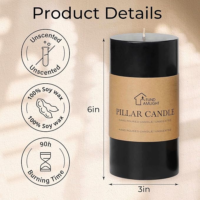 3x6 Inch Black Pillar Candles Set of 3 - Decorative Unscented Pillar Candle, Long Burning Dripless