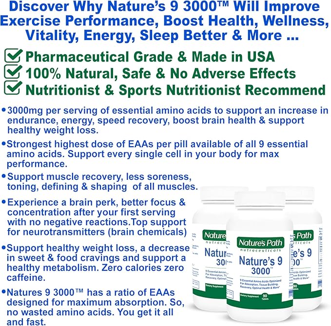 Nature's 9 3000 Essential Amino Acids Supplement, Best EAA Amino Acid Complex All 9 Essential Amino