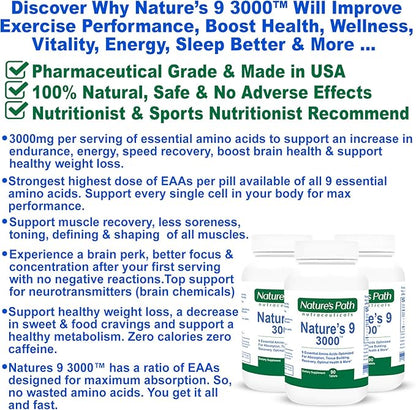 Nature's 9 3000 Essential Amino Acids Supplement, Best EAA Amino Acid Complex All 9 Essential Amino