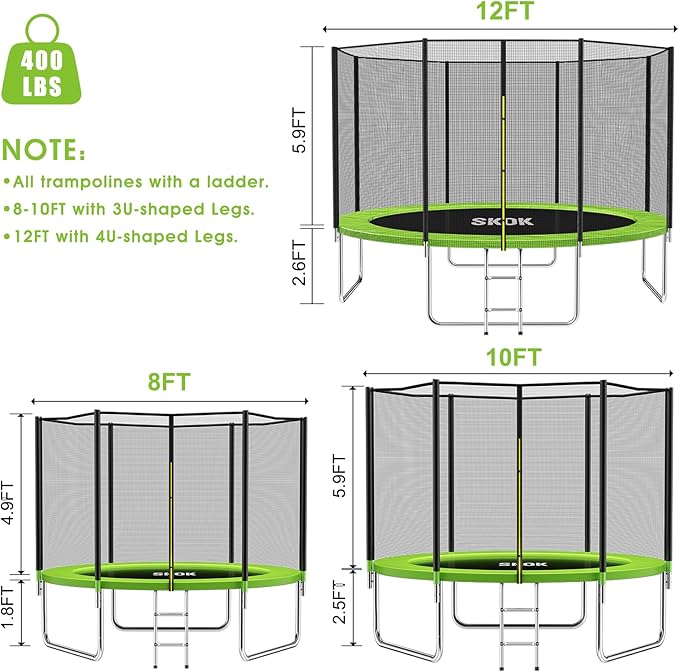 SKOK Trampoline 8FT 10FT 12FT 14FT 15FT Trampolines with Enclosure Net, 400LBS Outdoor Trampolines