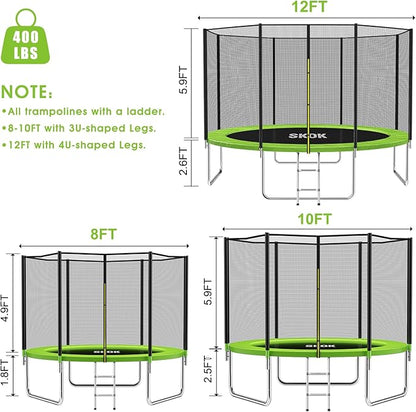 SKOK Trampoline 8FT 10FT 12FT 14FT 15FT Trampolines with Enclosure Net, 400LBS Outdoor Trampolines