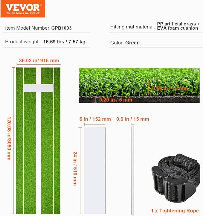 VEVOR 10x3ft Softball/Baseball Pitching Mat with Rubber Mound - Anti-Fade Turf & Anti-Slip Foam