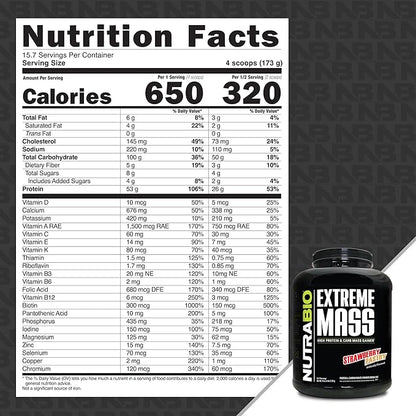 NutraBio Extreme Mass Gainer Protein Powder, 53G Protein, Clean Weight Gainer, Increase Muscle
