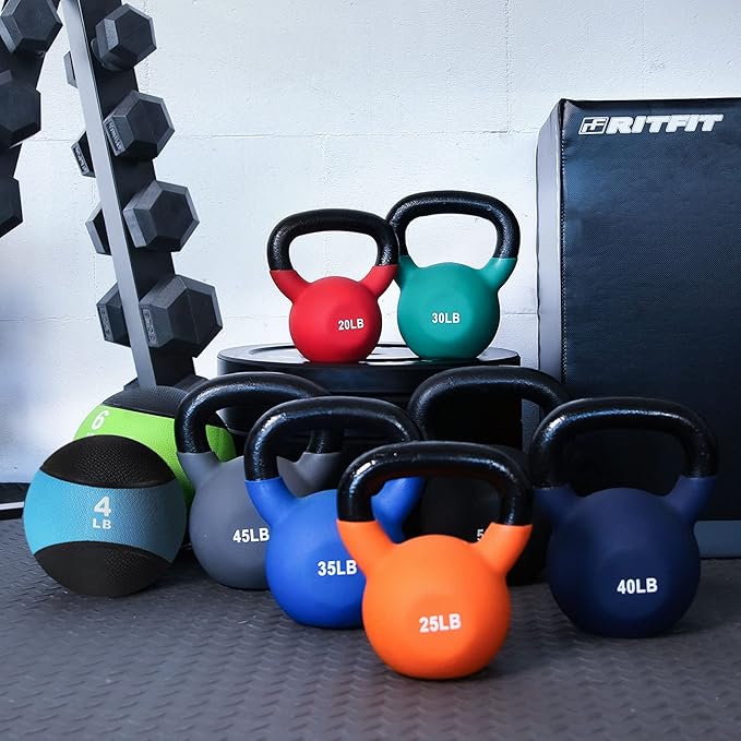 RitFit Neoprene Coated Solid Cast Iron Kettlebell 5 10 15 20 25 30 35 40 45 50 LB, Great for Full