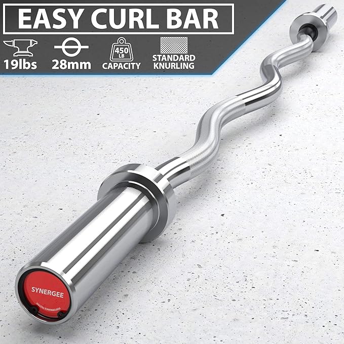 Synergee Commercial EZ Curl Olympic Bar Chrome & Black Phosphate with Powder Coated Brass Bushings