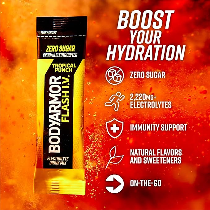 BODYARMOR Flash IV Electrolyte Packets, Tropical Punch - Zero Sugar Drink Mix, Single Serve Packs