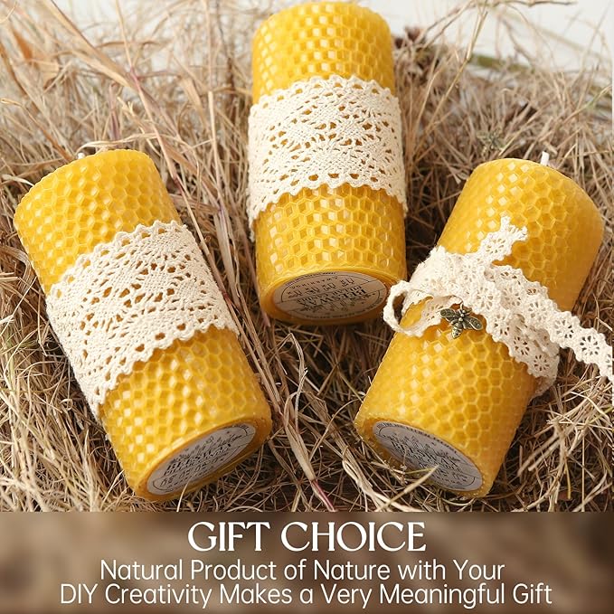 6 Packs Natural Beeswax Candles, Hand Rolled Honeycomb Beeswax Pillar Candles, Pure Bee Wax Gifts