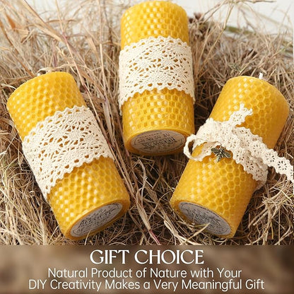 Hand-Rolled Beeswax Candles, 4 Packs, Handcrafted Honeycomb Beeswax Pillar Candles, Natural Bee