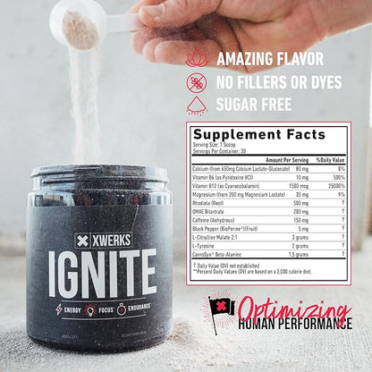 Xwerks Ignite Blue Razz Pre Workout Powder, Natural Keto Pre Workout for Women and Men with