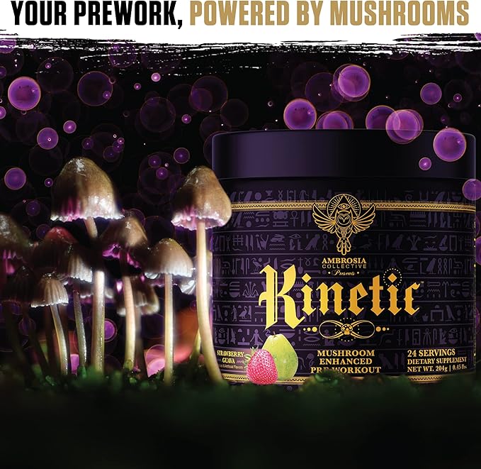 Ambrosia Kinetic Organic Preworkout, Mushroom Enhanced Natural Pre Workout Supplement, Nootropic