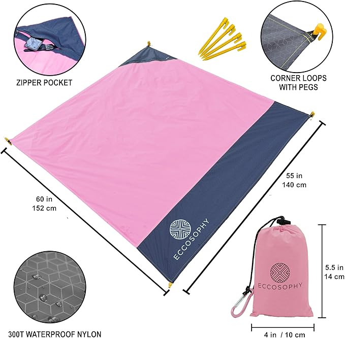 ECCOSOPHY Sand Proof Beach Blanket - 100% Waterproof Picnic Blanket 60x55 - Outdoor Compact Pocket